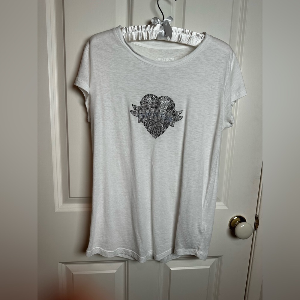 Zadig & Voltaire White Tee with Black Heart Graphic